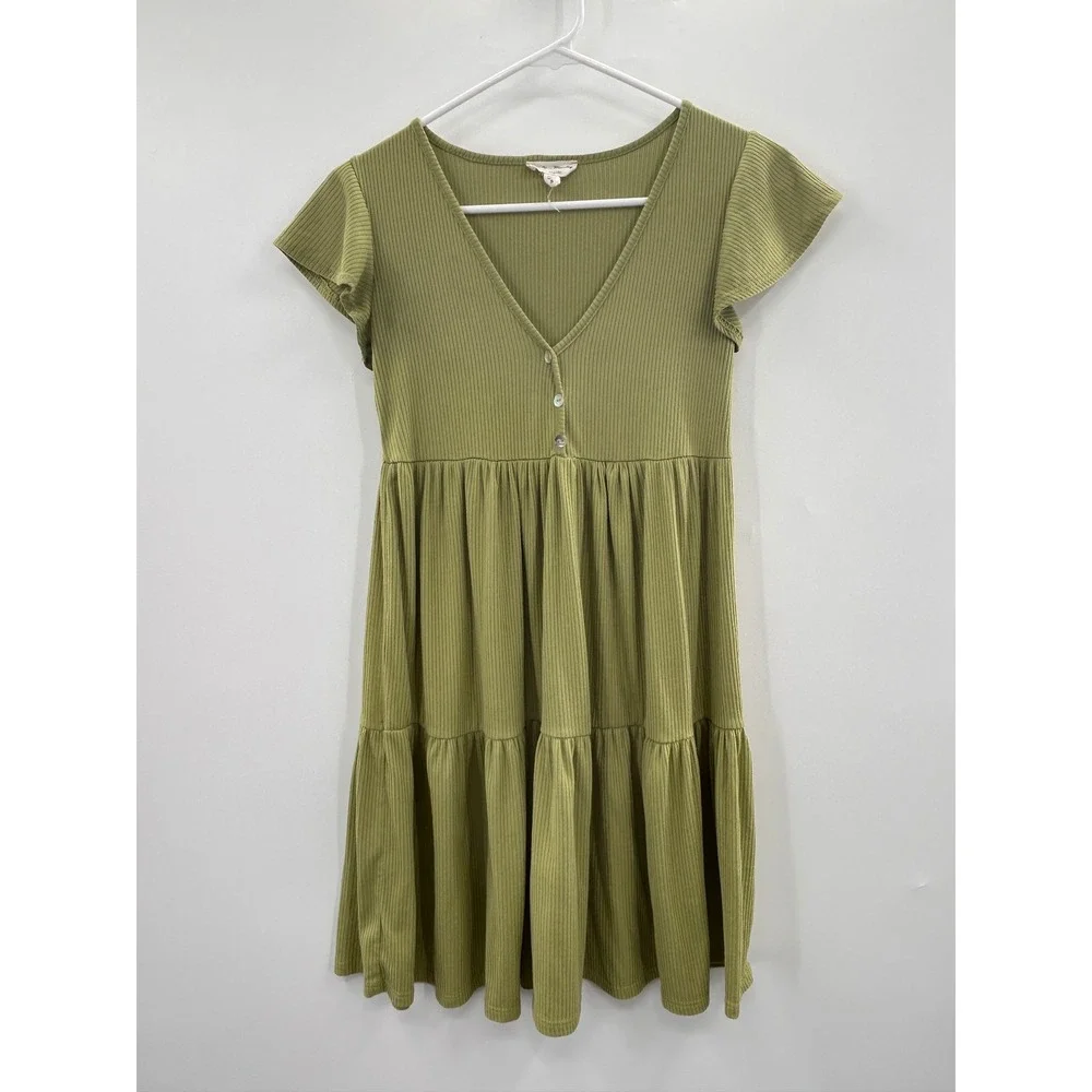 See You Monday Olive‎ Green Ribbed Babydoll Mini Dress Small Boho Cottagecore